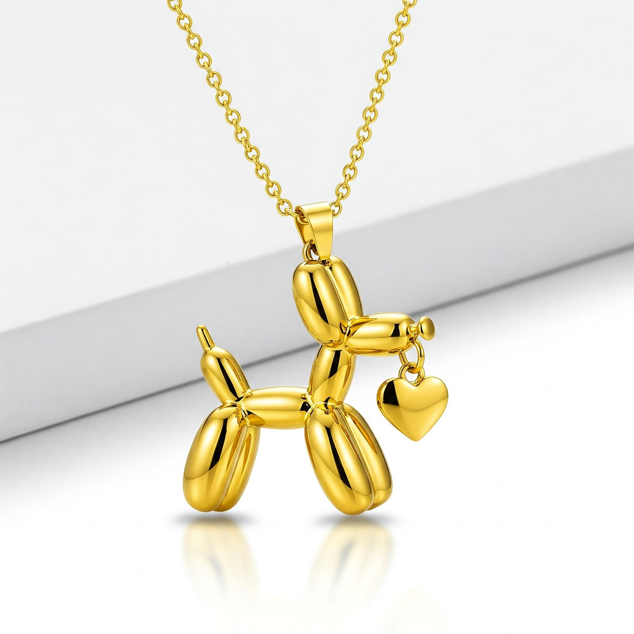 Stainless Steel Balloon Dog Pendant Necklace with Heart Charm